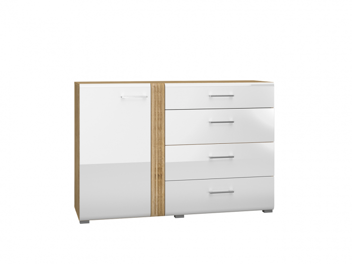 Comoda cu 4 sertare si 1 usa, alb lucios+stejar, 134x90x42 cm, canturi abs, inchidere silentioasa usa , sertare extensie totala [8]