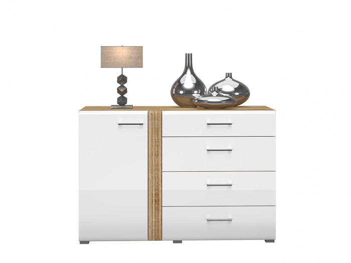 Comoda cu 4 sertare si 1 usa, alb lucios+stejar, 134x90x42 cm, canturi abs, inchidere silentioasa usa , sertare extensie totala [6]