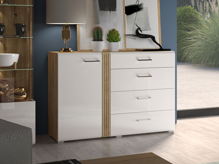 Comoda cu 4 sertare si 1 usa, alb lucios+stejar, 134x90x42 cm, canturi abs, inchidere silentioasa usa , sertare extensie totala [5]