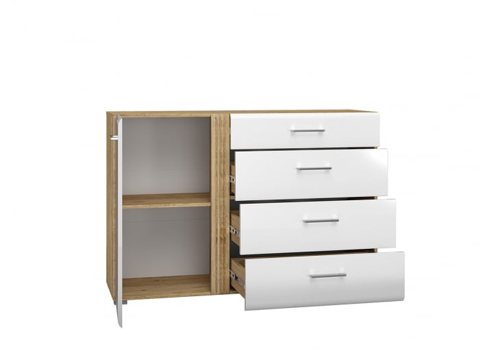 Comoda cu 4 sertare si 1 usa, alb lucios+stejar, 134x90x42 cm, canturi abs, inchidere silentioasa usa , sertare extensie totala [7]