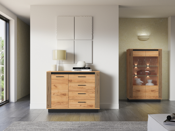 Comoda cu 4 sertare si 1 usa , stejar artisan/ insertie negru, 115x90x40 cm, modern ,model riflaj pe margini, picioare negre , pentru living , dormitor, hol [2]
