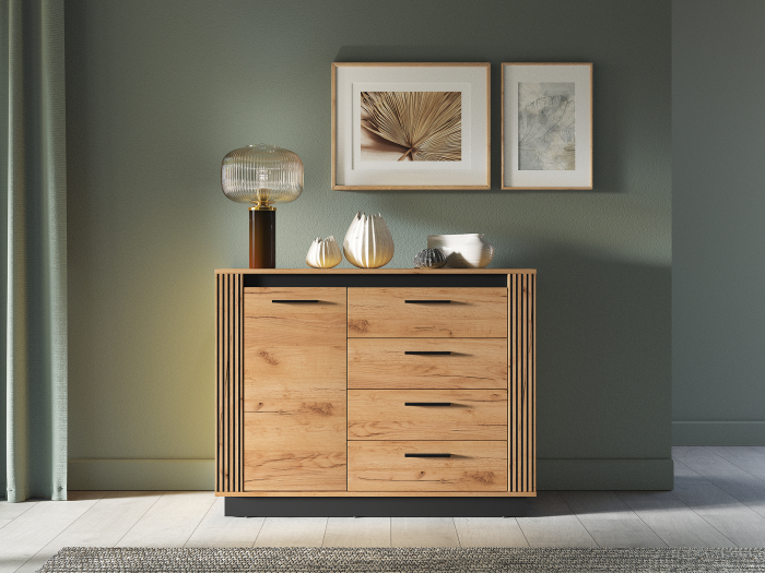 Comoda cu 4 sertare si 1 usa , stejar artisan/ insertie negru, 115x90x40 cm, modern ,model riflaj pe margini, picioare negre , pentru living , dormitor, hol [7]
