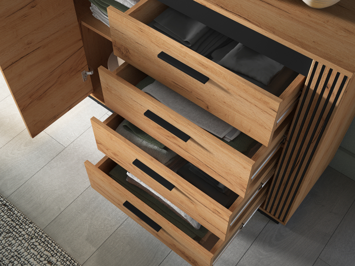 Comoda cu 4 sertare si 1 usa , stejar artisan/ insertie negru, 115x90x40 cm, modern ,model riflaj pe margini, picioare negre , pentru living , dormitor, hol [9]