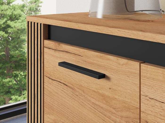 Comoda cu 4 sertare si 1 usa , stejar artisan/ insertie negru, 115x90x40 cm, modern ,model riflaj pe margini, picioare negre , pentru living , dormitor, hol [3]