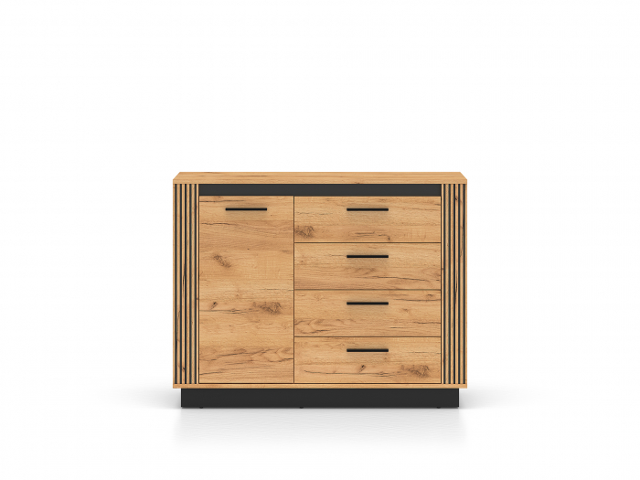Comoda cu 4 sertare si 1 usa , stejar artisan/ insertie negru, 115x90x40 cm, modern ,model riflaj pe margini, picioare negre , pentru living , dormitor, hol [8]