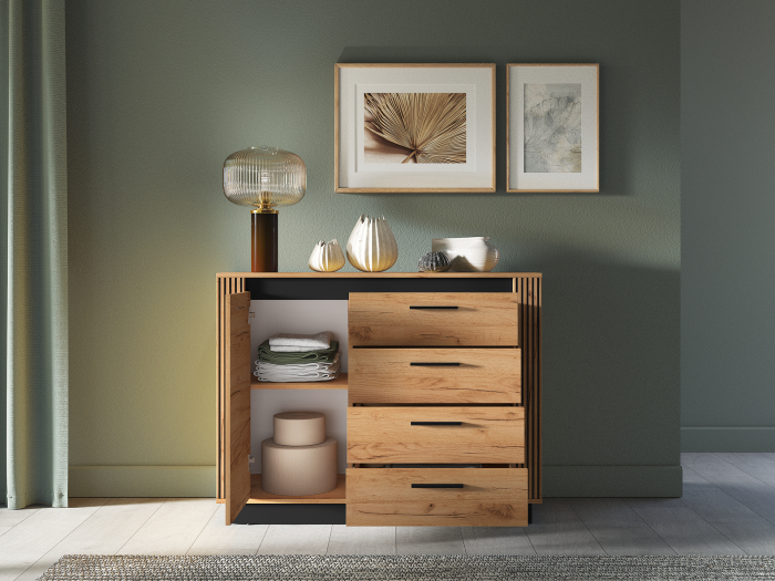 Comoda cu 4 sertare si 1 usa , stejar artisan/ insertie negru, 115x90x40 cm, modern ,model riflaj pe margini, picioare negre , pentru living , dormitor, hol [6]