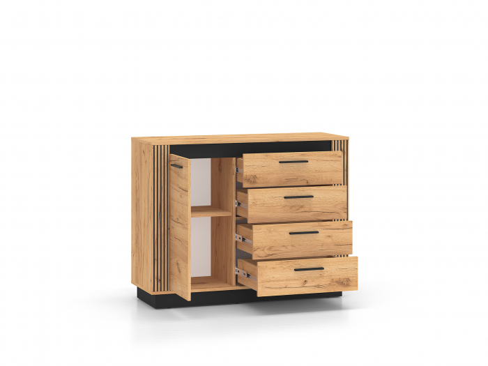 Comoda cu 4 sertare si 1 usa , stejar artisan/ insertie negru, 115x90x40 cm, modern ,model riflaj pe margini, picioare negre , pentru living , dormitor, hol [5]
