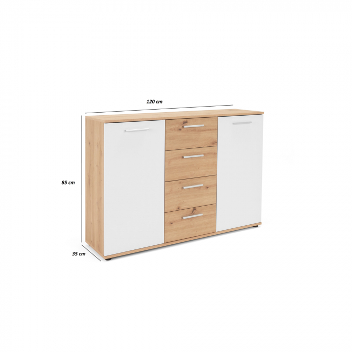 Comoda cu 4 sertare si 2 usi, 120x85x35 cm, stejar artisan/alb, pentru dormitor, living, hol sau birou, Bortis Impex [4]