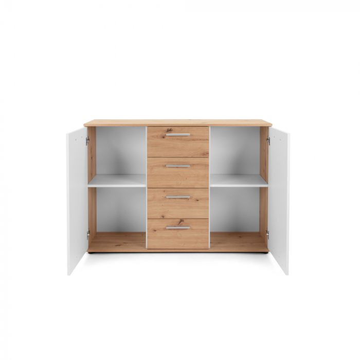 Comoda cu 4 sertare si 2 usi, 120x85x35 cm, stejar artisan/alb, pentru dormitor, living, hol sau birou, Bortis Impex [2]