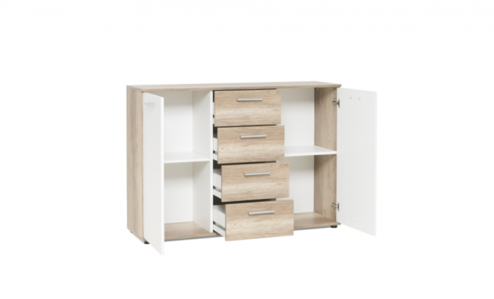 Comoda cu 4 sertare si 2 usi, 120x85x35 cm, stejar sonoma/alb, pentru dormitor, living, hol sau birou, [3]