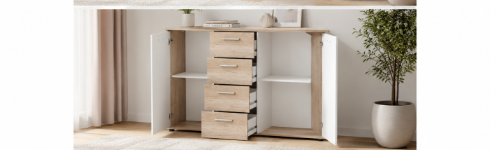 Comoda cu 4 sertare si 2 usi, 120x85x35 cm, stejar sonoma/alb, pentru dormitor, living, hol sau birou, [5]