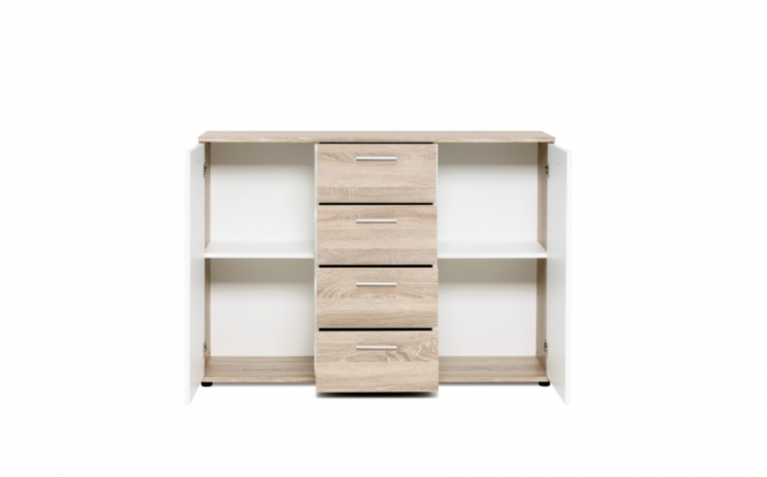 Comoda cu 4 sertare si 2 usi, 120x85x35 cm, stejar sonoma/alb, pentru dormitor, living, hol sau birou, [2]