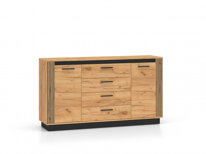 Comoda cu 4 sertare si 2 usi, stejar artisan/ insertie negru, 160x90x40 cm, modern ,model riflaj pe margini, picioare negre , pentru living , dormitor, hol [9]