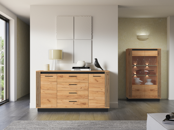 Comoda cu 4 sertare si 2 usi, stejar artisan/ insertie negru, 160x90x40 cm, modern ,model riflaj pe margini, picioare negre , pentru living , dormitor, hol [2]
