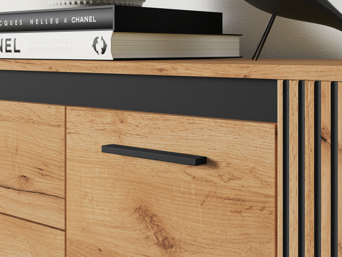 Comoda cu 4 sertare si 2 usi, stejar artisan/ insertie negru, 160x90x40 cm, modern ,model riflaj pe margini, picioare negre , pentru living , dormitor, hol [3]