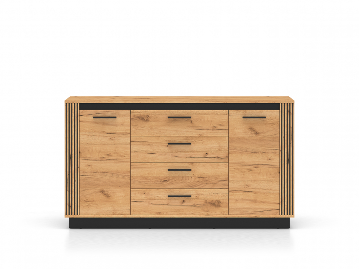 Comoda cu 4 sertare si 2 usi, stejar artisan/ insertie negru, 160x90x40 cm, modern ,model riflaj pe margini, picioare negre , pentru living , dormitor, hol [8]