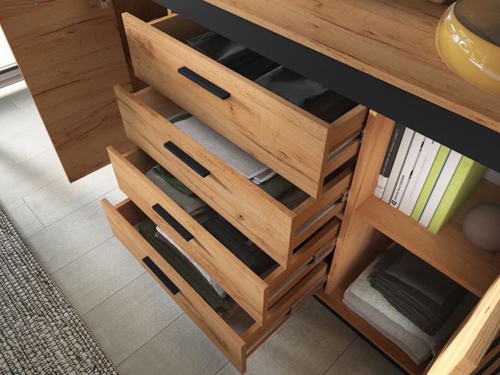 Comoda cu 4 sertare si 2 usi, stejar artisan/ insertie negru, 160x90x40 cm, modern ,model riflaj pe margini, picioare negre , pentru living , dormitor, hol [10]