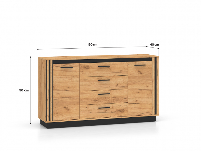 Comoda cu 4 sertare si 2 usi, stejar artisan/ insertie negru, 160x90x40 cm, modern ,model riflaj pe margini, picioare negre , pentru living , dormitor, hol [4]
