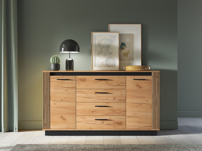 Comoda cu 4 sertare si 2 usi, stejar artisan/ insertie negru, 160x90x40 cm, modern ,model riflaj pe margini, picioare negre , pentru living , dormitor, hol [7]