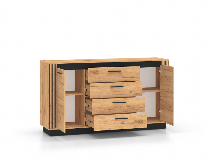 Comoda cu 4 sertare si 2 usi, stejar artisan/ insertie negru, 160x90x40 cm, modern ,model riflaj pe margini, picioare negre , pentru living , dormitor, hol [5]