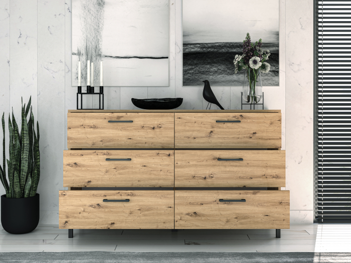 Comoda cu 6 sertare spatioase,pentru dormitor/sufragerie living/hol/birou, stejar artisan, 138x83x40 cm, cant abs, picioare negre [2]