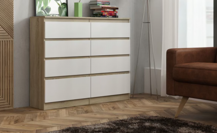 Comoda cu 8 sertare, 120x100x33 cm, stejar sonoma/alb, pentru hol, living, dormitor, birou, Bortis Impex [2]