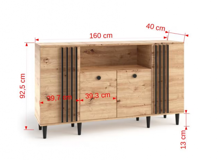Comoda cu riflaj, 4 usi si spatiu gol, stejar artisan/negru, 160 cm lungime x 40 cm adancime x 92.5cm inaltime, picioare lemn negre, lamele riflaj negre, canturi abs [3]