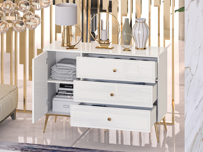 Comoda de lux, alb/mdf alb lucios/auriu, 3 sertare si 1 usa, inchidere silentioasa/usi -sertare, 120 cm lungime, canturi abs, usi si sertare cu amortizare, lucios/ picioare , butoni auriu [2]