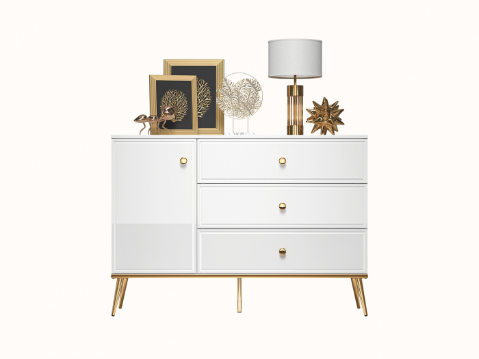 Comoda de lux, alb/mdf alb lucios/auriu, 3 sertare si 1 usa, inchidere silentioasa/usi -sertare, 120 cm lungime, canturi abs, usi si sertare cu amortizare, lucios/ picioare , butoni auriu [3]