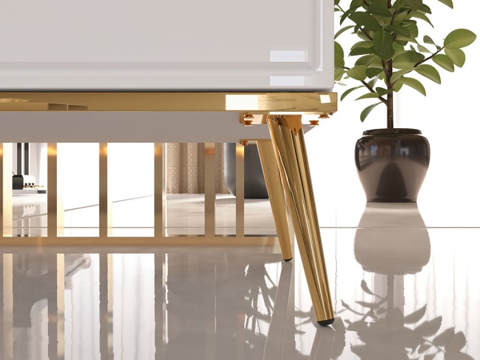 Comoda de lux, alb/mdf alb lucios/auriu, 3 sertare si 1 usa, inchidere silentioasa/usi -sertare, 120 cm lungime, canturi abs, usi si sertare cu amortizare, lucios/ picioare , butoni auriu [8]
