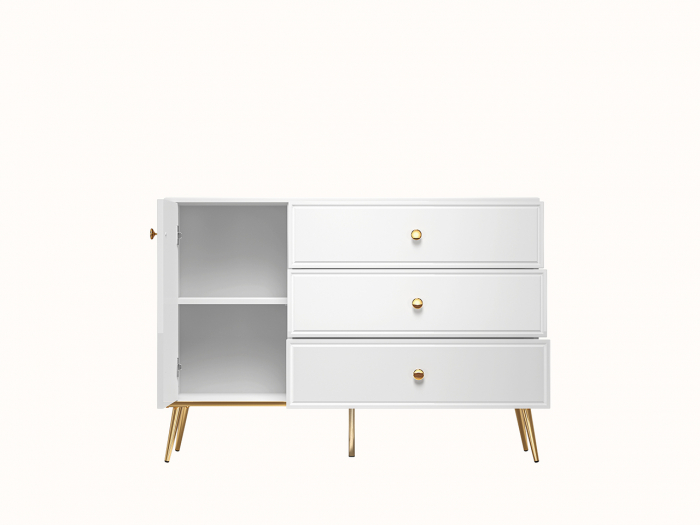 Comoda de lux, alb/mdf alb lucios/auriu, 3 sertare si 1 usa, inchidere silentioasa/usi -sertare, 120 cm lungime, canturi abs, usi si sertare cu amortizare, lucios/ picioare , butoni auriu [4]