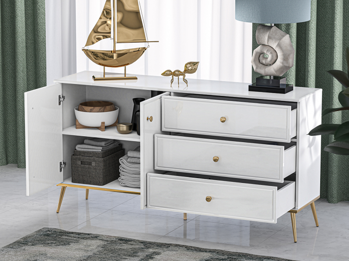 Comoda de lux, alb/mdf alb lucios/auriu, 3 sertare si 2 usi, inchidere silentioasa/usi -sertare, 160 cm lungime, canturi abs, usi si sertare cu amortizare, lucios/ picioare , butoni auriu , pentru dor [2]