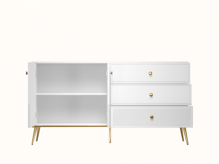 Comoda de lux, alb/mdf alb lucios/auriu, 3 sertare si 2 usi, inchidere silentioasa/usi -sertare, 160 cm lungime, canturi abs, usi si sertare cu amortizare, lucios/ picioare , butoni auriu , pentru dor [4]