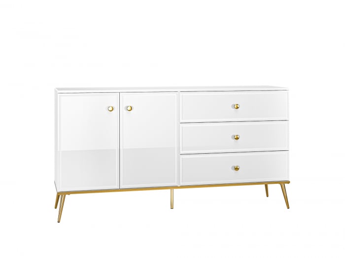 Comoda de lux, alb/mdf alb lucios/auriu, 3 sertare si 2 usi, inchidere silentioasa/usi -sertare, 160 cm lungime, canturi abs, usi si sertare cu amortizare, lucios/ picioare , butoni auriu , pentru dor [5]