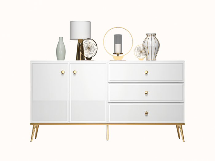 Comoda de lux, alb/mdf alb lucios/auriu, 3 sertare si 2 usi, inchidere silentioasa/usi -sertare, 160 cm lungime, canturi abs, usi si sertare cu amortizare, lucios/ picioare , butoni auriu , pentru dor [3]