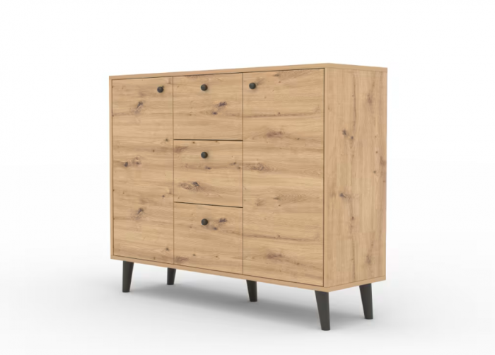 Comoda dormitor-living-hol, 120 cm lungime x 93x 35 cm adancime, 3 sertare si 2 usi cu raft , pal stejar artisan /picioare-butoni negru, picioare lemn negre, [2]