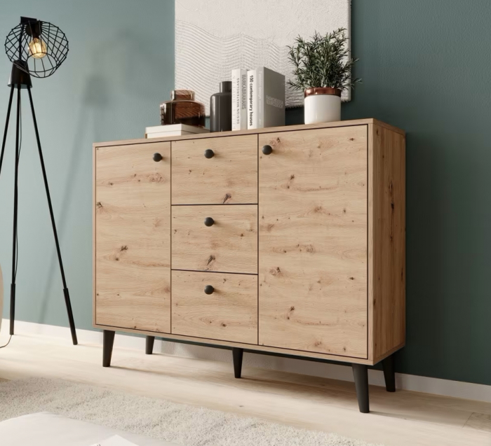 Comoda dormitor-living-hol, 120 cm lungime x 93x 35 cm adancime, 3 sertare si 2 usi cu raft , pal stejar artisan /picioare-butoni negru, picioare lemn negre, [1]