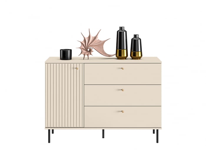Comoda living /dormitor/hol cu 3 sertare si 1 usa , casmir/mdf casmir cu model , 120x85x40 cm, canturi abs, cu rafturi, picioare negre/butoni auriu [7]