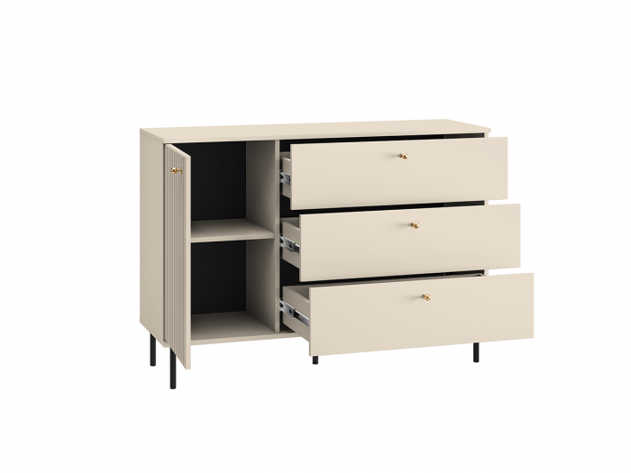 Comoda living /dormitor/hol cu 3 sertare si 1 usa , casmir/mdf casmir cu model , 120x85x40 cm, canturi abs, cu rafturi, picioare negre/butoni auriu [6]