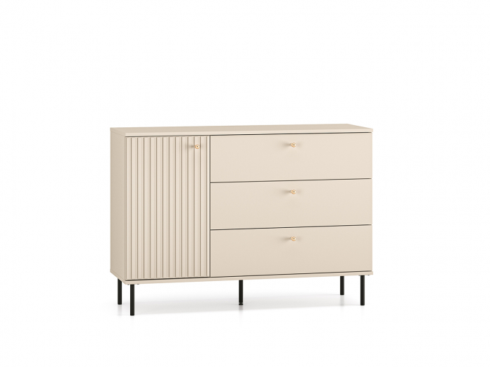 Comoda living /dormitor/hol cu 3 sertare si 1 usa , casmir/mdf casmir cu model , 120x85x40 cm, canturi abs, cu rafturi, picioare negre/butoni auriu [2]