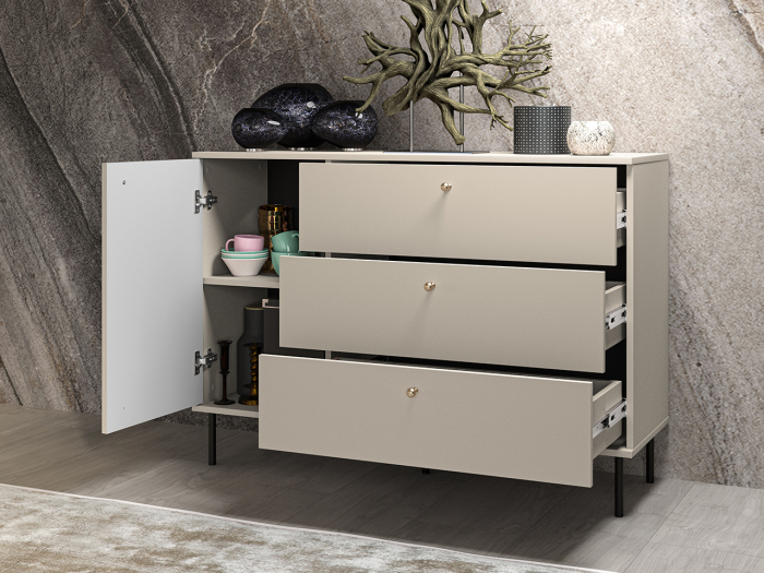Comoda living /dormitor/hol cu 3 sertare si 1 usa , casmir/mdf casmir cu model , 120x85x40 cm, canturi abs, cu rafturi, picioare negre/butoni auriu [5]