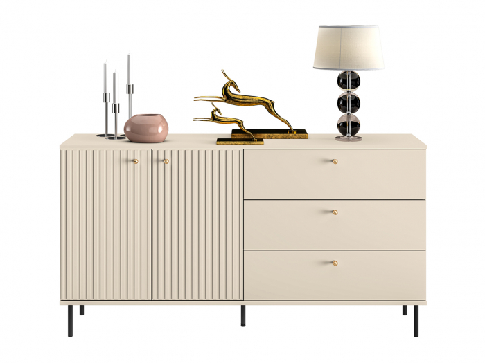 Comoda living /dormitor/hol cu 3 sertare si 2 usi , casmir/mdf casmir cu model , 160x85x40 cm, canturi abs, cu rafturi, picioare negre/butoni auriu [3]