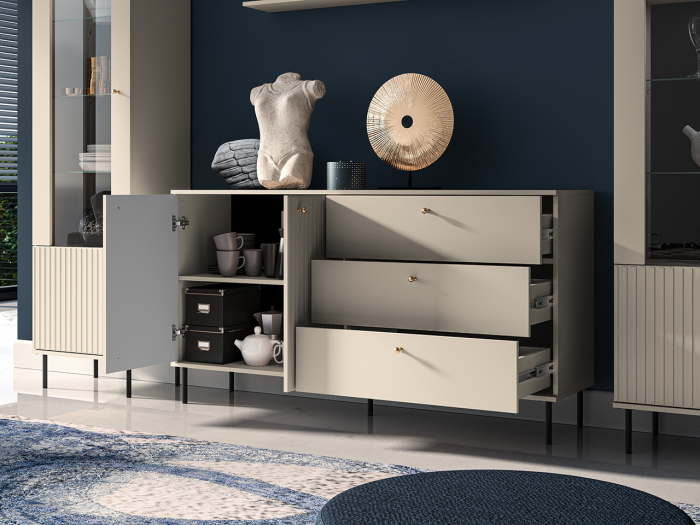 Comoda living /dormitor/hol cu 3 sertare si 2 usi , casmir/mdf casmir cu model , 160x85x40 cm, canturi abs, cu rafturi, picioare negre/butoni auriu [4]