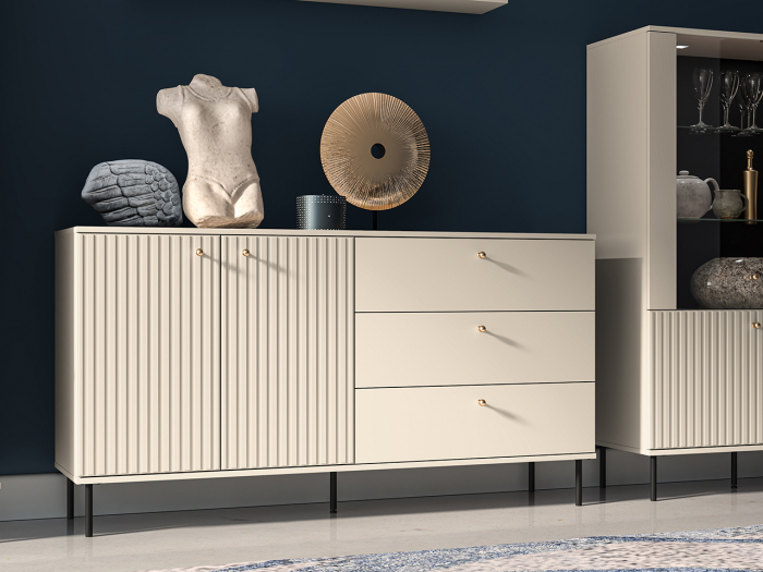 Comoda living /dormitor/hol cu 3 sertare si 2 usi , casmir/mdf casmir cu model , 160x85x40 cm, canturi abs, cu rafturi, picioare negre/butoni auriu [2]