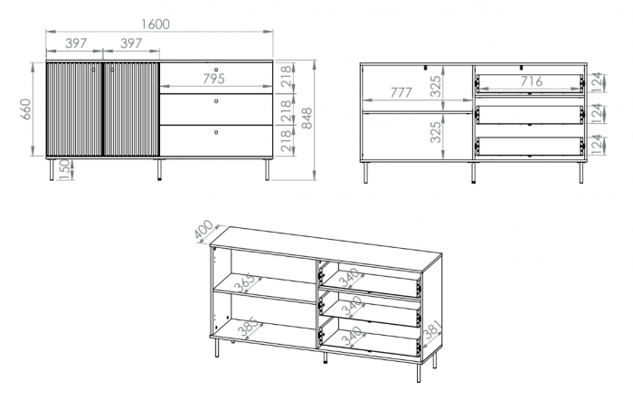 Comoda living /dormitor/hol cu 3 sertare si 2 usi , casmir/mdf casmir cu model , 160x85x40 cm, canturi abs, cu rafturi, picioare negre/butoni auriu [8]
