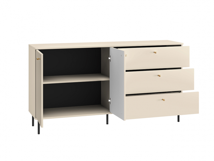 Comoda living /dormitor/hol cu 3 sertare si 2 usi , casmir/mdf casmir cu model , 160x85x40 cm, canturi abs, cu rafturi, picioare negre/butoni auriu [7]
