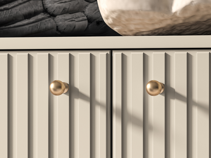 Comoda living /dormitor/hol cu 3 sertare si 2 usi , casmir/mdf casmir cu model , 160x85x40 cm, canturi abs, cu rafturi, picioare negre/butoni auriu [6]