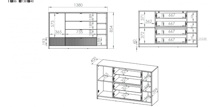 Comoda living /dormitor/hol cu 4 sertare si 1 usa , alb/mdf grafit/stejar, 138x86x40 cm, canturi abs, cu rafturi [8]