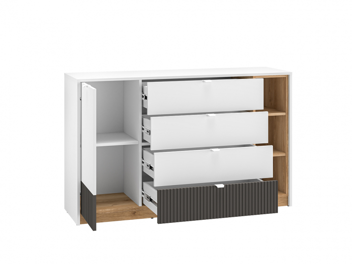 Comoda living /dormitor/hol cu 4 sertare si 1 usa , alb/mdf grafit/stejar, 138x86x40 cm, canturi abs, cu rafturi [7]