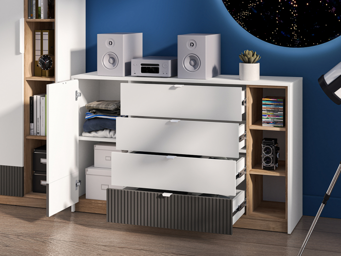 Comoda living /dormitor/hol cu 4 sertare si 1 usa , alb/mdf grafit/stejar, 138x86x40 cm, canturi abs, cu rafturi [4]